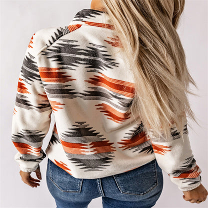 Winter Women's Printed Cardigan Jacket Fashion Color Contrast Fleece Coat