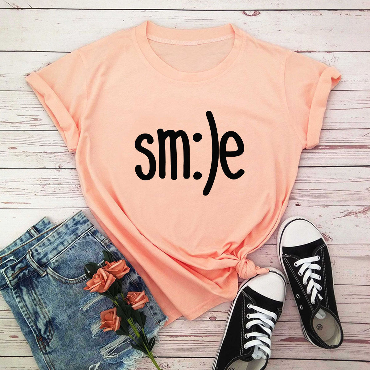 S.W. Women's Smile Letter Printed Shirt O Neck Short Sleeve Tees ( plus size available)