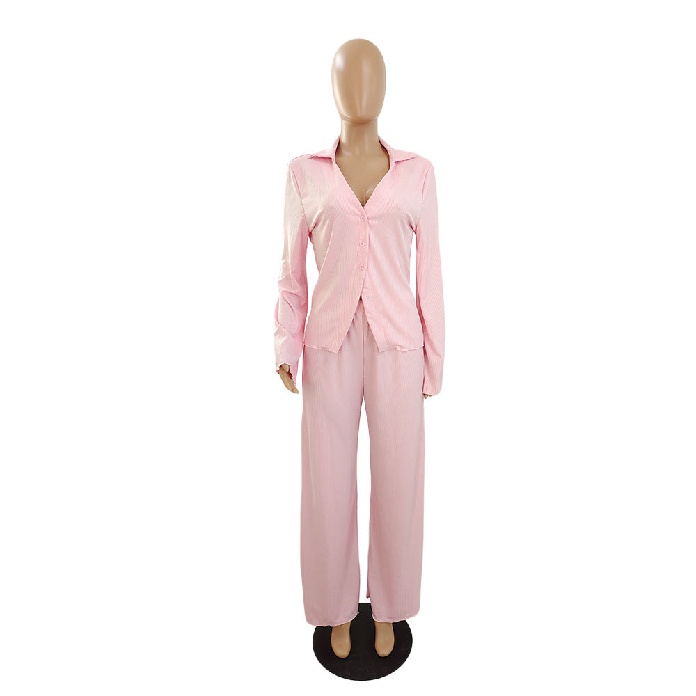 F.J.C.  S.W.  Women's Solid Color Rib Fabric Loose  Flared  Blouse Suit