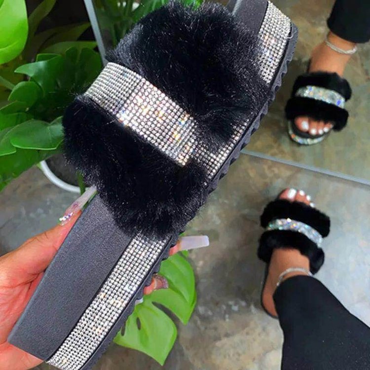 Women Bling Fluffy Slippers Fur Slides Platform Wedges Heel Solid