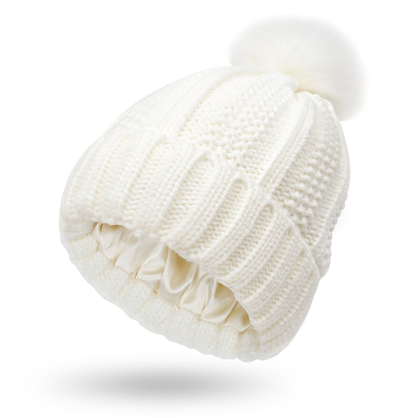 S.H. (Satin inside) Skull Knit Hats Beanie Hat For Women Faux Fur Pom Pom Winter Beanie