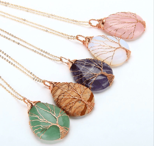 Natural Quartz Opal Stone Pendants Handmade Rose Gold Color Handmade Tree of Life Wrapped Drop Shaped Crystal Pendant Necklace