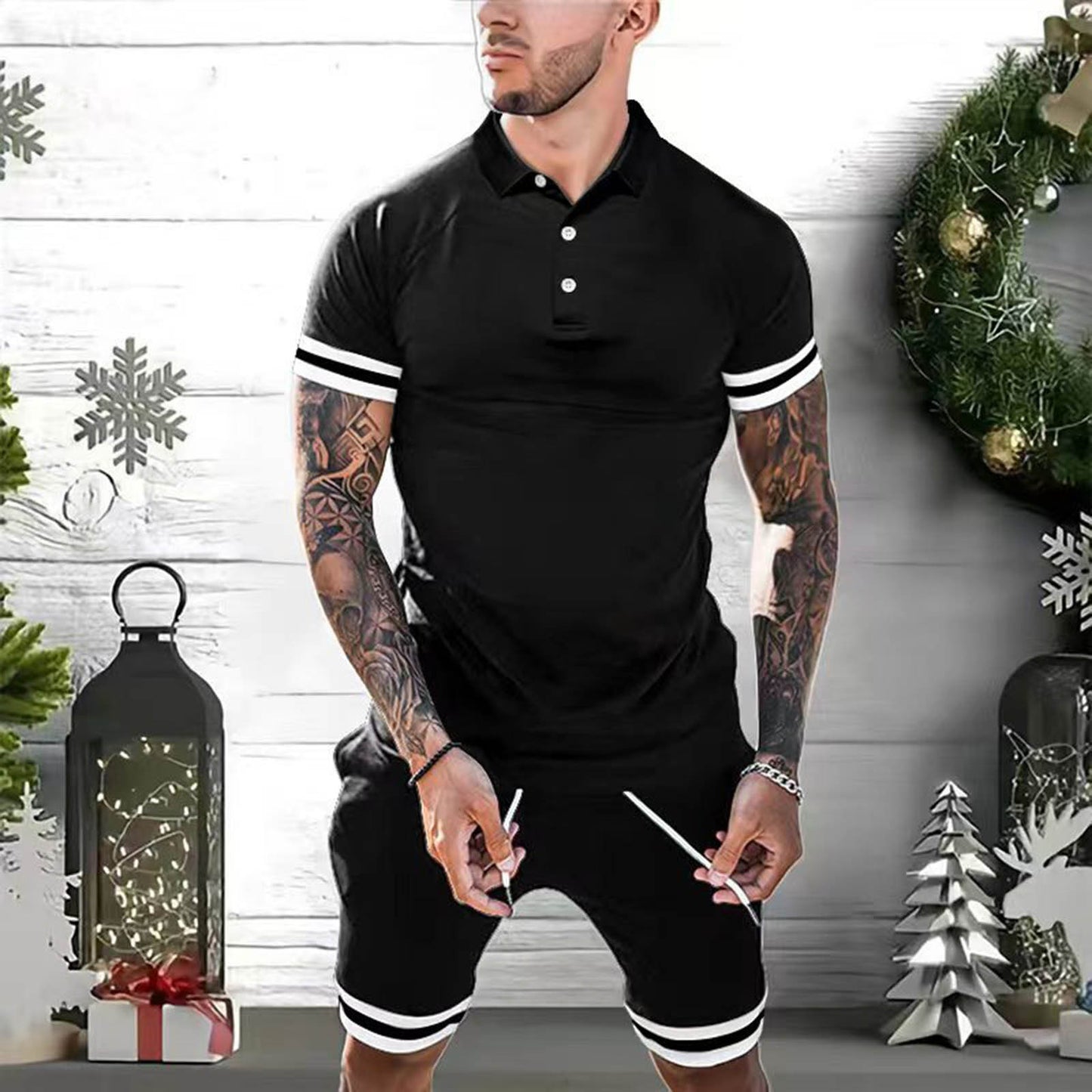 S.M.  Men's Short Sets 2 Piece Outfits Polo Shirt Fashion