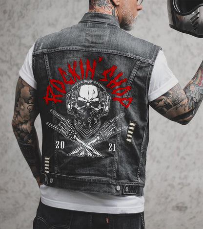 S.M.  Punk Skull Bones Denim Locomotive Turn-down Collar vest