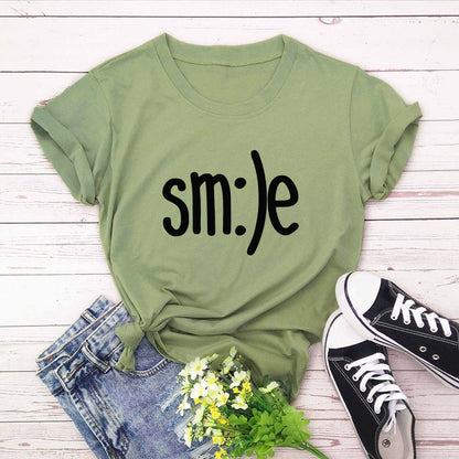 S.W. Women's Smile Letter Printed Shirt O Neck Short Sleeve Tees ( plus size available)