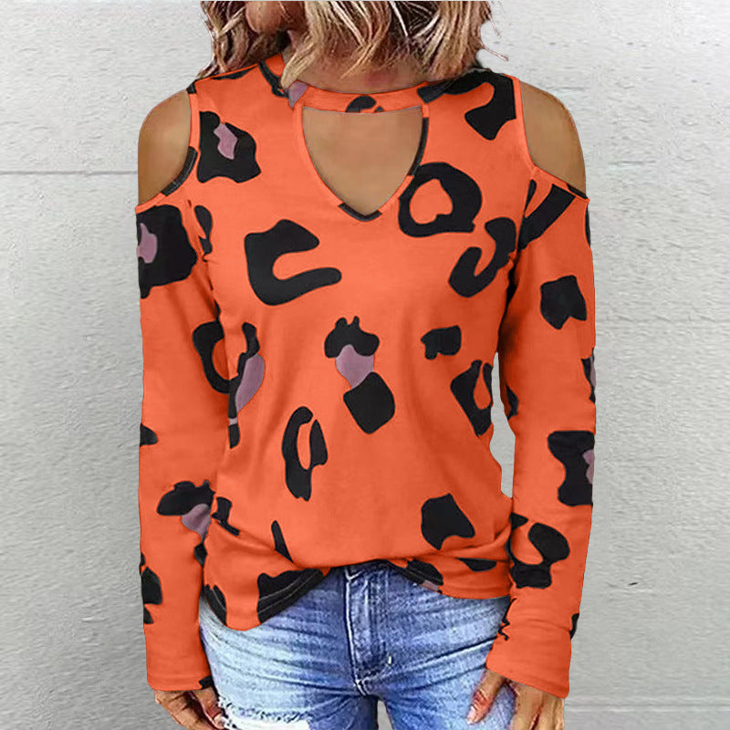 Women's Fashion Casual Printing Off-shoulder Loose Long-sleeved T-shirt S.W.