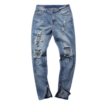 S.M. Men's Stretch Slim-fit Slit zipper Ripped Jeans