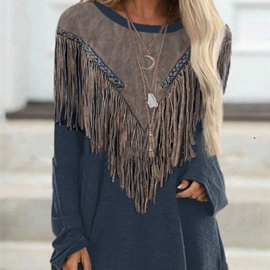 S.W.  Loose Tassel Round Neck Long Sleeve Top