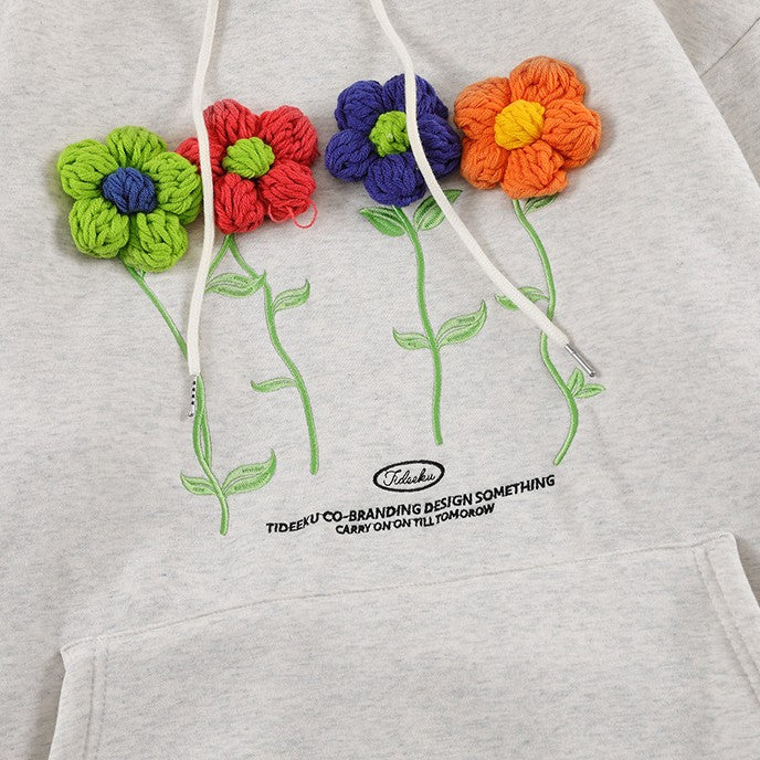 S.M. Small Flowers  Embroidery Hooded Long-sleeved Tops Men