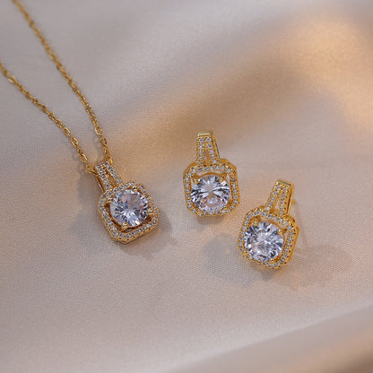 Women's Square Zircon Geometric Special Interest Light Luxury Necklace Earrings