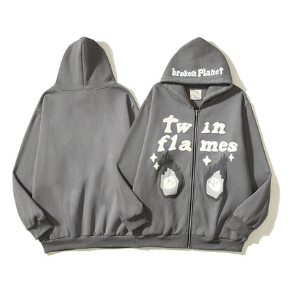 S.M. Men's "TWIN FLAME"  Foam PUFF PRINT  Zipper Hooded Jacket