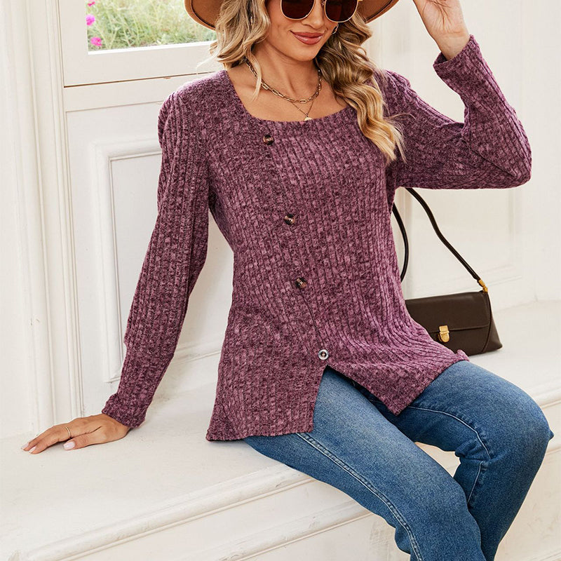 Women's Fashion Casual Loose Square Collar Button Long Sleeve Top S.W.