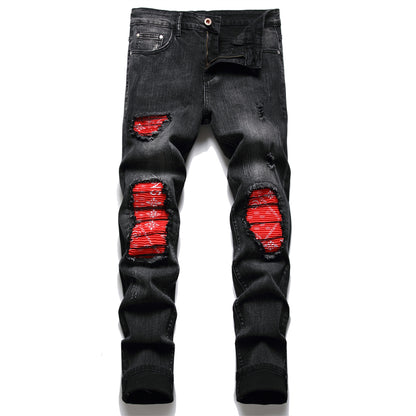 Men Biker Jeans Paisley Print Patch Casual Pants