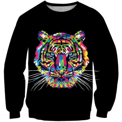 a black sweater with a colorful tiger on it