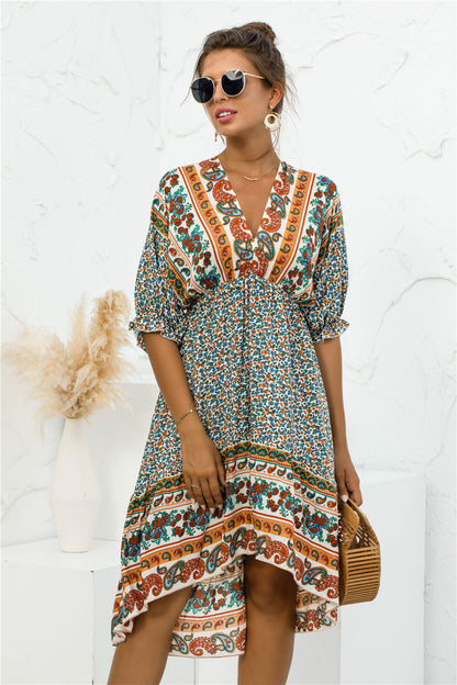 S.W. Bohemian V Neck Dress with Printed Design