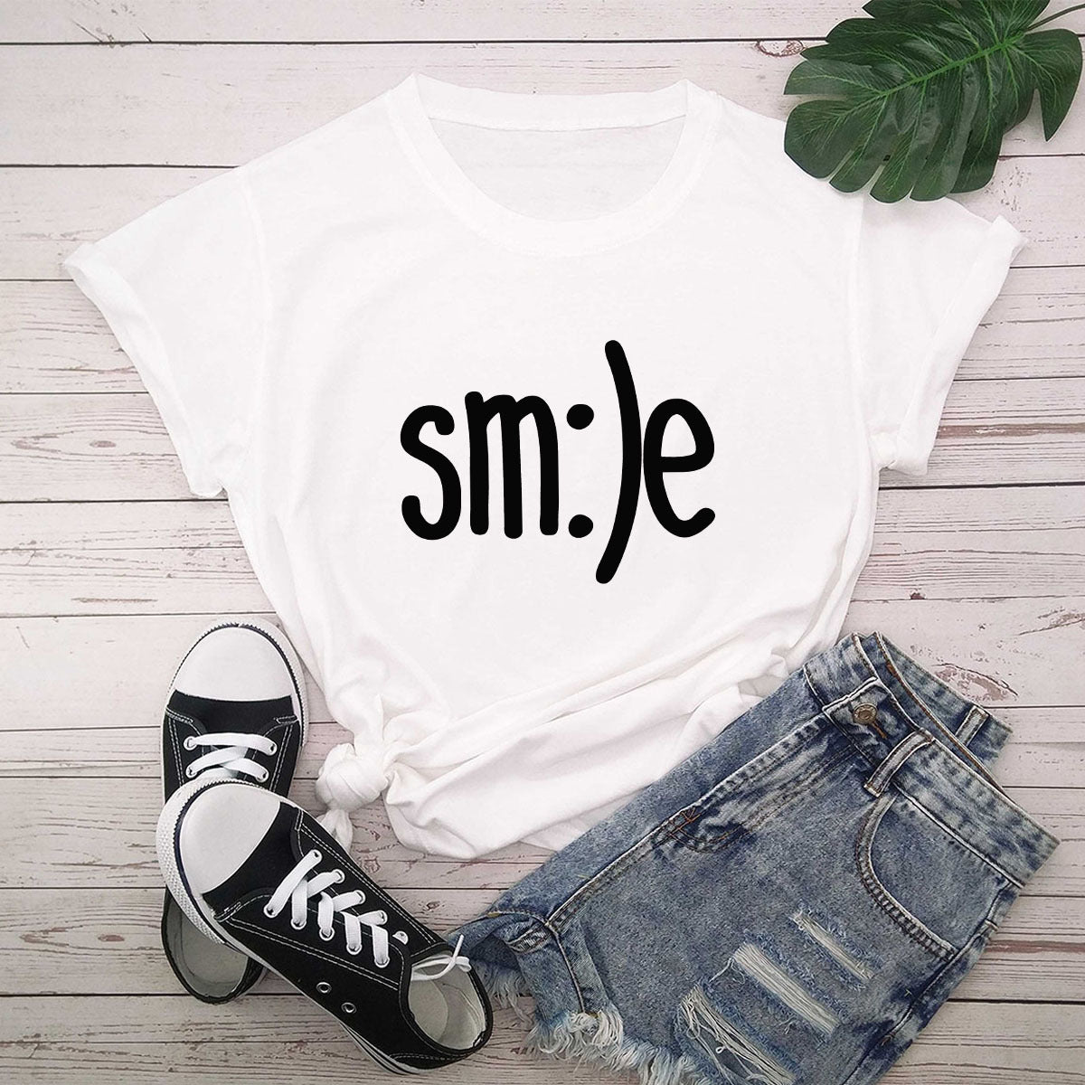 S.W. Women's Smile Letter Printed Shirt O Neck Short Sleeve Tees ( plus size available)