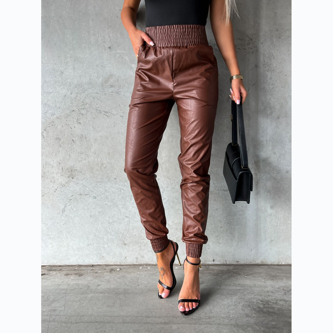 Street Fashion Haulage Motor Style Foreign Trade Waist Trimming Casual Fashion Leather Pants