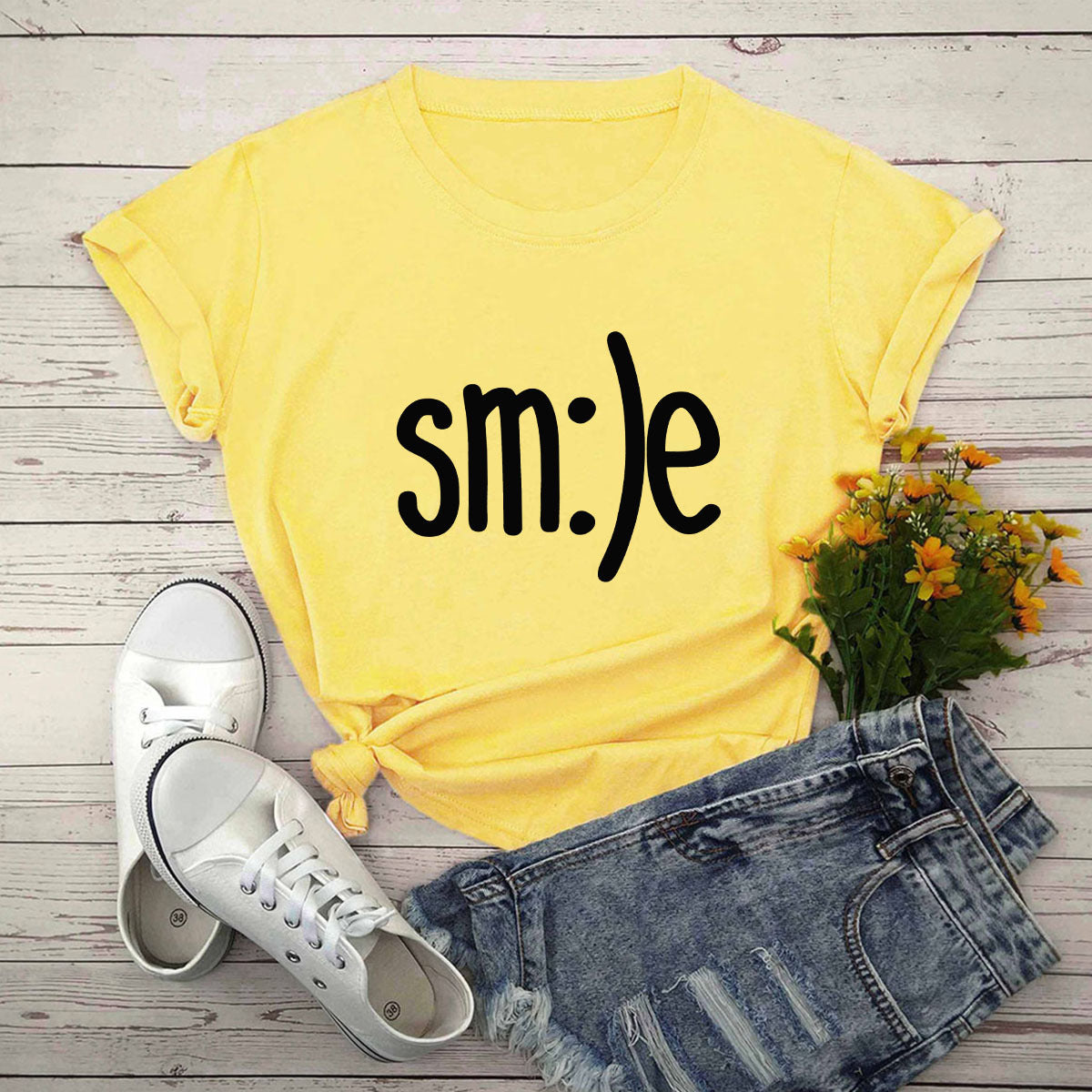 S.W. Women's Smile Letter Printed Shirt O Neck Short Sleeve Tees ( plus size available)