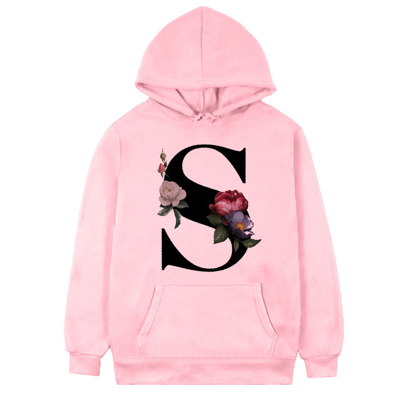 Women's 26-letter Flowers Printed Fleece Hoodie S.W.