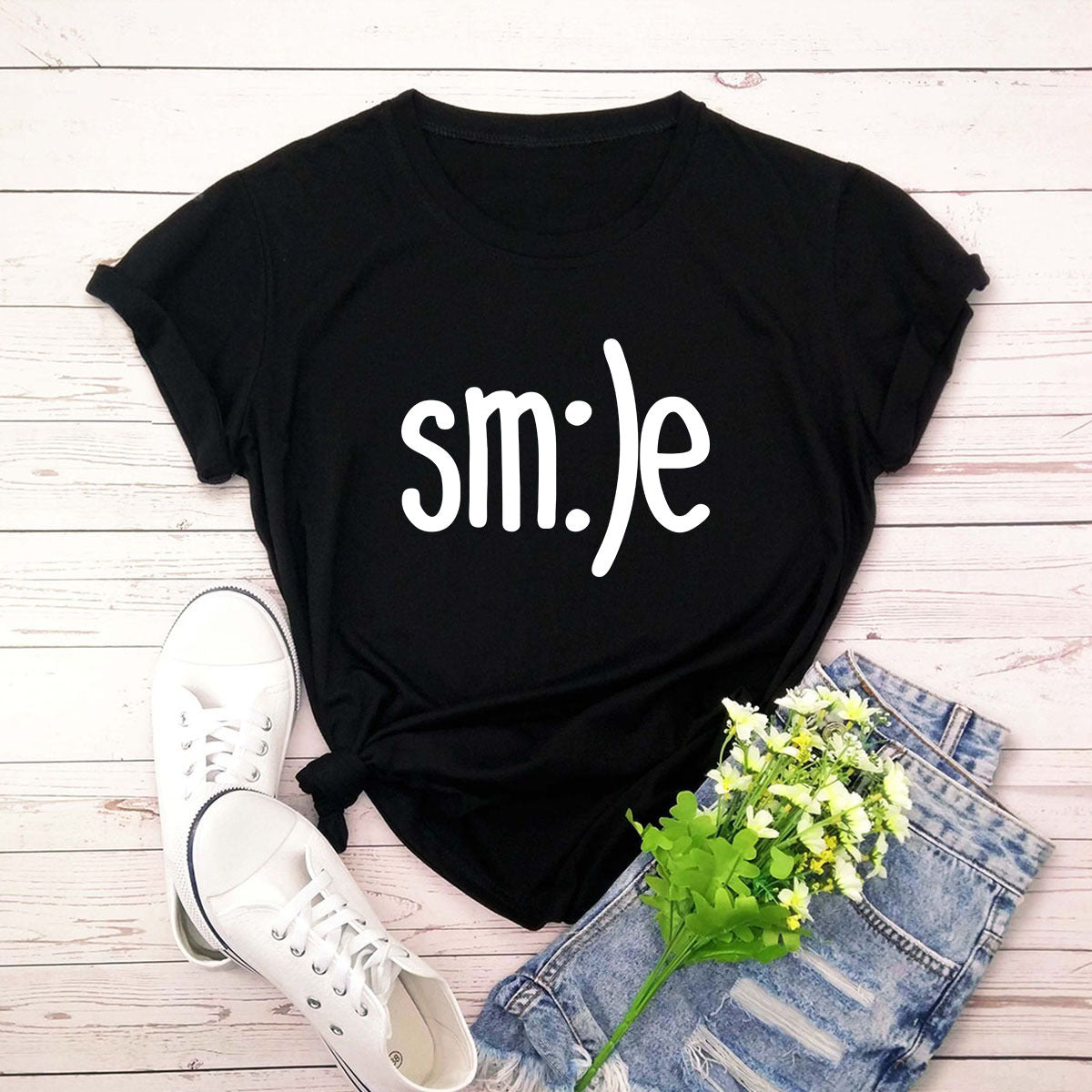 S.W. Women's Smile Letter Printed Shirt O Neck Short Sleeve Tees ( plus size available)