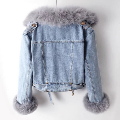 F.J.C.  S.W.  WOMEN'S Detachable Fox Fur Rabbit Fur Liner Denim Coat