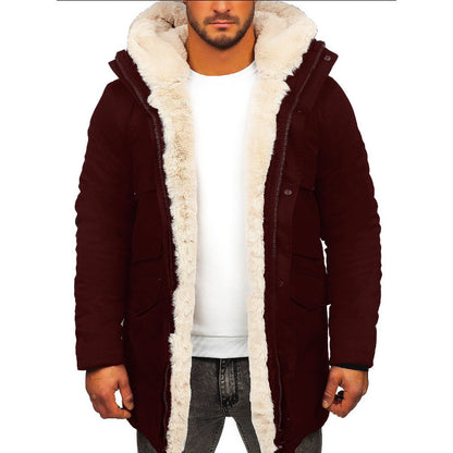 S.M..  Fur Integrated Hooded Jacket Thick Warm Jacket Faux Fur Cotton-padded Coat