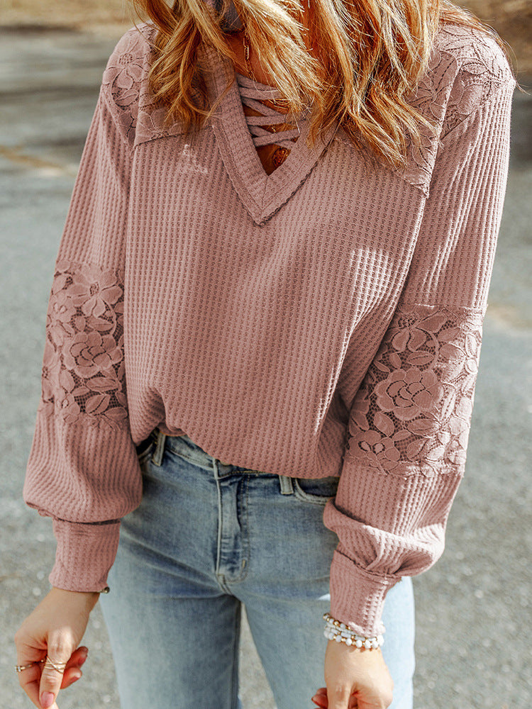 Women's Lace Waffle Long-sleeved Top S.W.