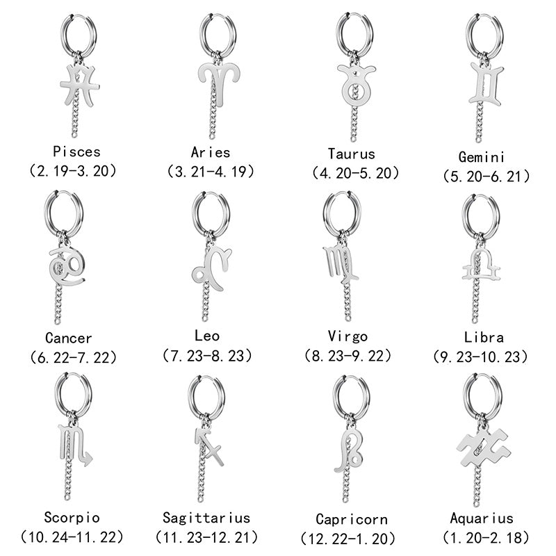 Hip Hop Zodiac Sign Link Chain Tassel Dangle Earrings For Men Women Constellation Jewelry