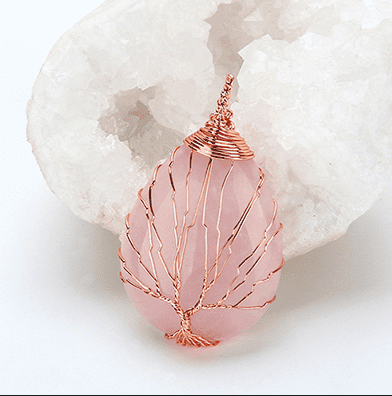 Natural Quartz Opal Stone Pendants Handmade Rose Gold Color Handmade Tree of Life Wrapped Drop Shaped Crystal Pendant Necklace