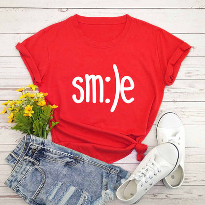 S.W. Women's Smile Letter Printed Shirt O Neck Short Sleeve Tees ( plus size available)