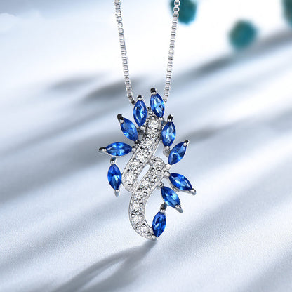 Sterling Silver Sapphire Leaf Pendant Necklace With Diamond Clavicle Chain