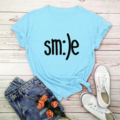 S.W. Women's Smile Letter Printed Shirt O Neck Short Sleeve Tees ( plus size available)