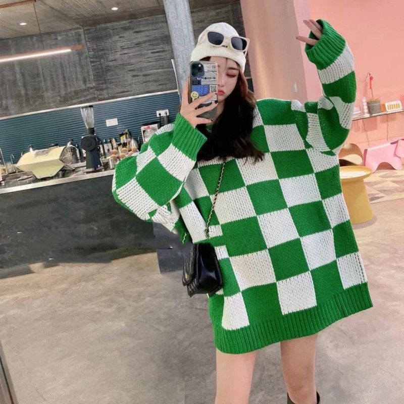 Women Plus Size Checkerboard Check Sweater