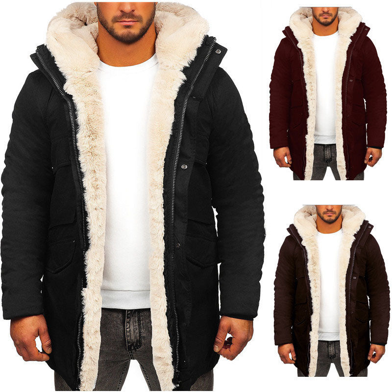 S.M..  Fur Integrated Hooded Jacket Thick Warm Jacket Faux Fur Cotton-padded Coat