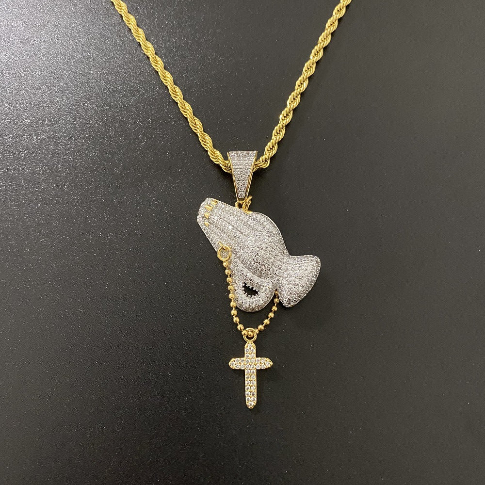 Zircon Inlaid Prayer Hand Cross Necklace