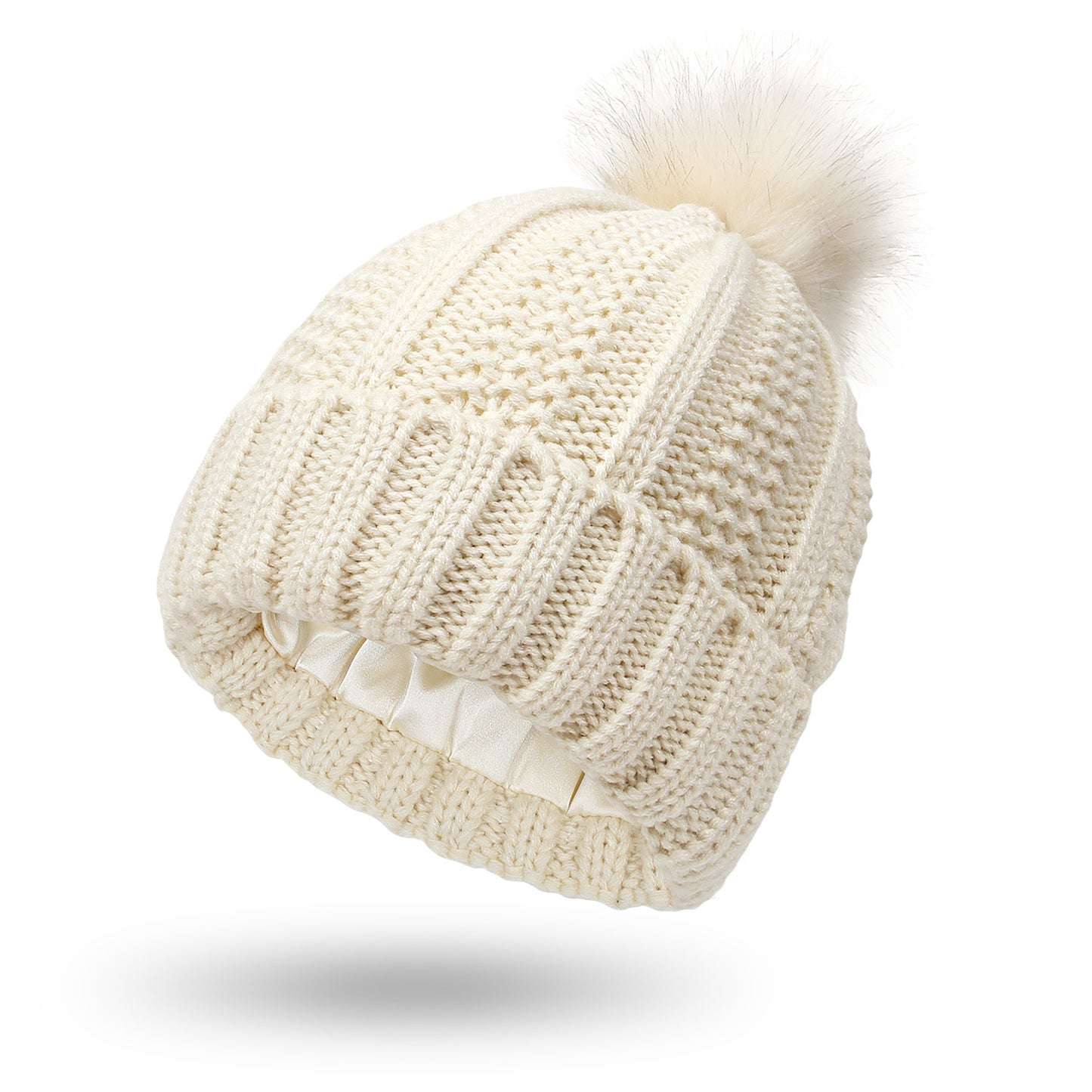 S.H. (Satin inside) Skull Knit Hats Beanie Hat For Women Faux Fur Pom Pom Winter Beanie