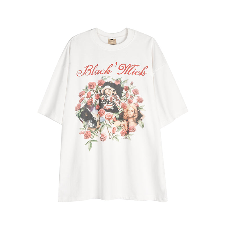 S.M.  Retro Hip Hop Rose Embroidered Short Sleeve T-Shirt