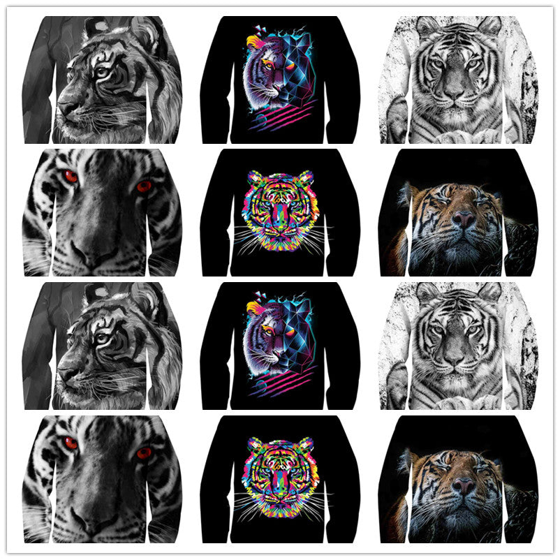a group of tiger sweatshirts with different designs on them