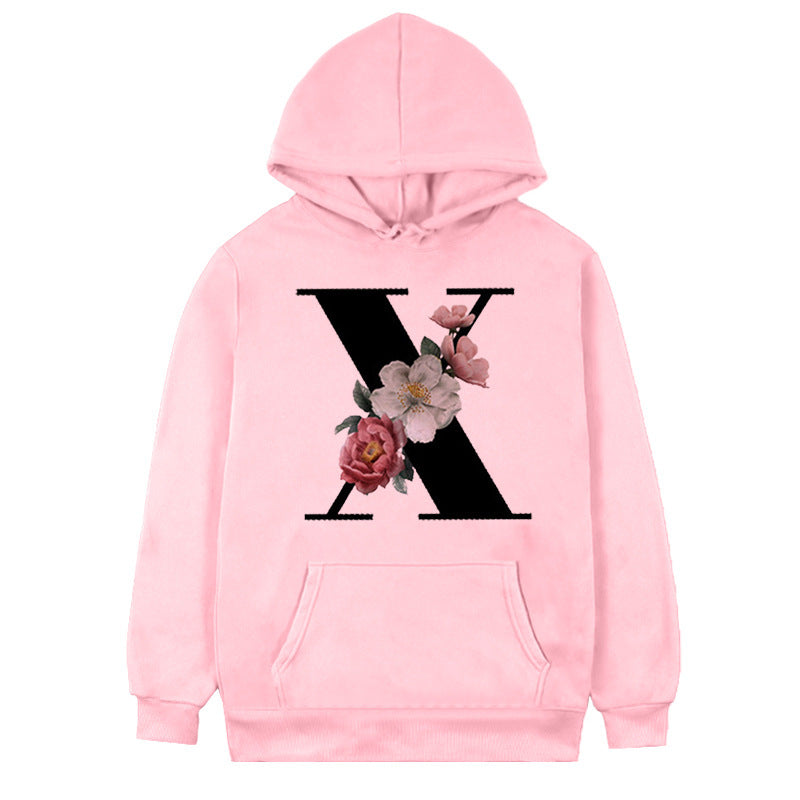 Women's 26-letter Flowers Printed Fleece Hoodie S.W.