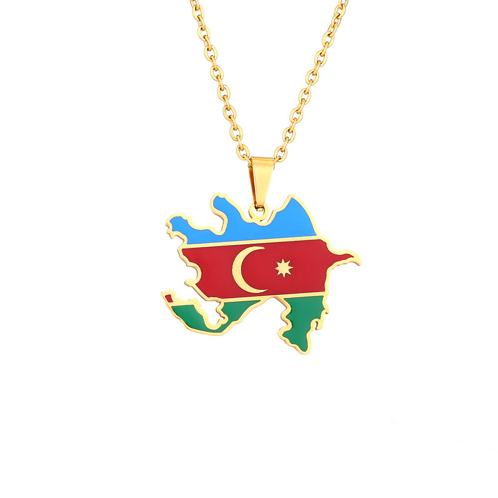 National Style Geometric Drop Oil Vintage Map Necklace Of Azerbaijan