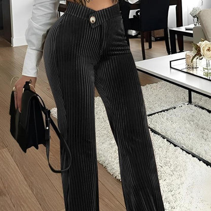 S.W.  Fashion Gold Velvet Striped Casual Women's Pants