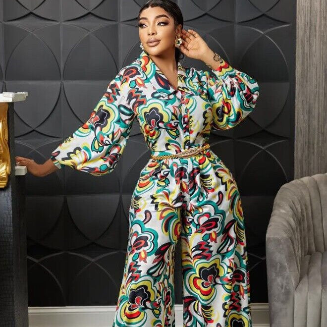 V-neck Printed High Waist Wide Leg Straight Jumpsuit