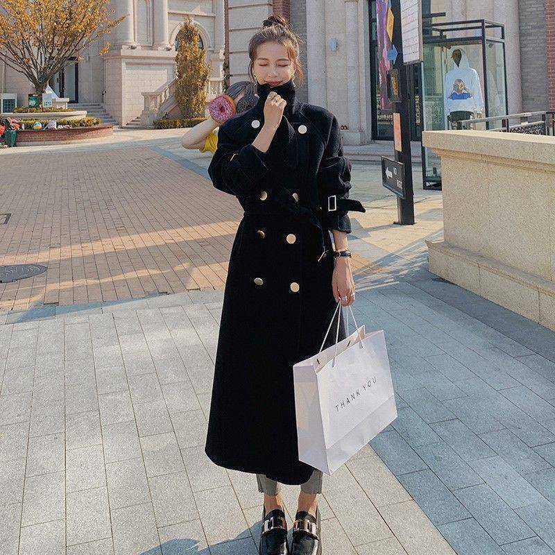 Women's Black Woolen Mid-length coat S.W.