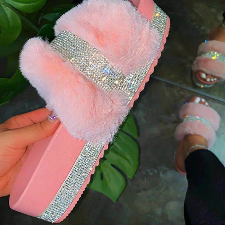 Women Bling Fluffy Slippers Fur Slides Platform Wedges Heel Solid