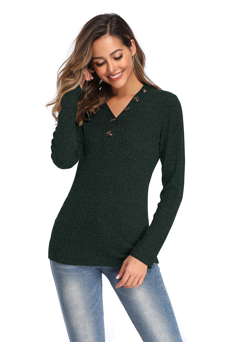 S.W. Women's V-neck Button  Long-sleeved Slim fitting Sweater