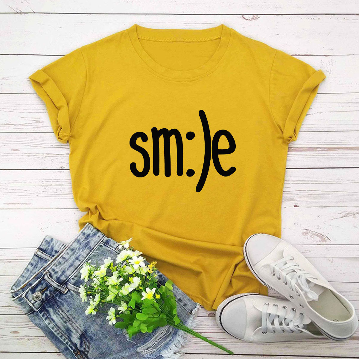 S.W. Women's Smile Letter Printed Shirt O Neck Short Sleeve Tees ( plus size available)