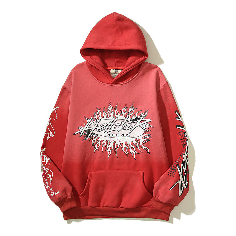 Hell Star Vintage Clay Print Flame Red Hooded Sweater For Men And Women