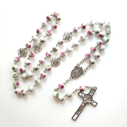 Ceramic Rose Hollow Rosary Beads Drop Oil Cross Pendant Trend Long Bead Chain Men's And Women's Necklaces Wholesale