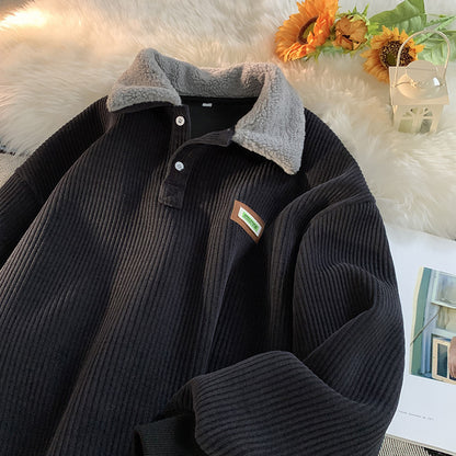 F.J.C.    S.M.  Fleece-lined Thick men's Corduroy Polo Collar Sweater
