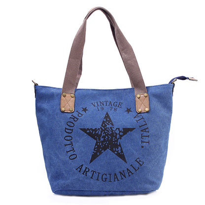 a blue tote bag with a star on it